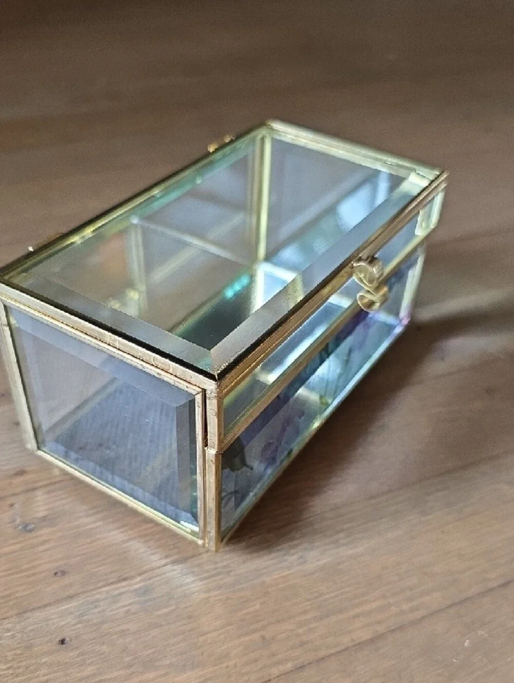 Shabby Chic Vintage 1989 Gold Glass Vanity Trinket Jewelry Box w/ Purple Floral